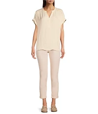Gibson & Latimer Moonshadow Satin Split Round Neck Dropped Short Roll Tab Sleeve Hi-Low Shirttail Blouse
