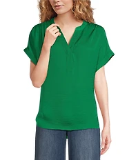 Gibson & Latimer Moonshadow Satin Split Round Neck Dropped Short Roll Tab Sleeve Hi-Low Shirttail Blouse
