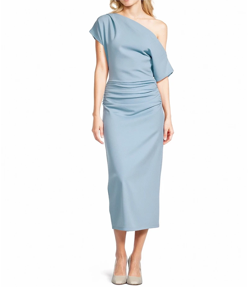 Gibson & Latimer Crepe Knit Asymmetric Neck One Shoulder Off-the-Shoulder Short Sleeve Ruched Sheath Midi Dress