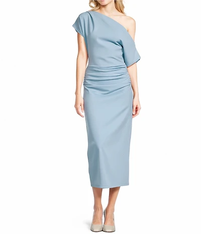Gibson & Latimer Crepe Knit Asymmetric Neck One Shoulder Off-the-Shoulder Short Sleeve Ruched Sheath Midi Dress
