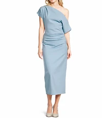 Gibson & Latimer Crepe Knit Asymmetric Neck One Shoulder Off-the-Shoulder Short Sleeve Ruched Sheath Midi Dress