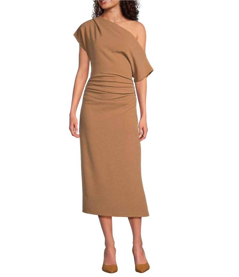 Gibson & Latimer Crepe Knit Asymmetric Neck One Shoulder Off-the-Shoulder Short Sleeve Ruched Sheath Midi Dress