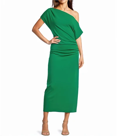 Gibson & Latimer Crepe Knit Asymmetric Neck One Shoulder Off-the-Shoulder Short Sleeve Ruched Sheath Midi Dress
