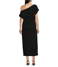Gibson & Latimer Crepe Knit Asymmetric Neck One Shoulder Off-the-Shoulder Short Sleeve Ruched Sheath Midi Dress