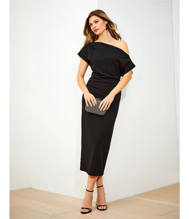 gibson and latimer one shoulder dress Gibson Latimer Crepe Knit Asymmetric Neck One Shoulder Off-the-Shoulder Short Sleeve Ruch, Womens, XXL, Nugget