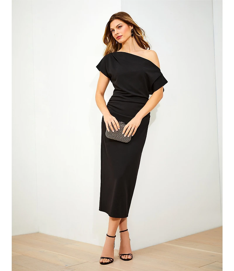Gibson & Latimer Crepe Knit Asymmetric Neck One Shoulder Off-the-Shoulder Short Sleeve Ruched Sheath Midi Dress