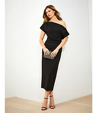 Gibson & Latimer Crepe Knit Asymmetric Neck One Shoulder Off-the-Shoulder Short Sleeve Ruched Sheath Midi Dress