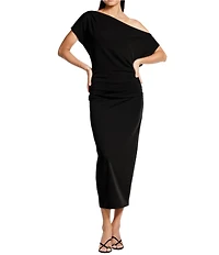 Gibson & Latimer Crepe Knit Asymmetric Neck One Shoulder Off-the-Shoulder Short Sleeve Ruched Sheath Midi Dress