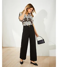 Gibson & Latimer Palm Floral Print Moonshadow Satin Split Round Neck Dropped Short Roll Tab Sleeve Hi-Low Shirttail Blouse