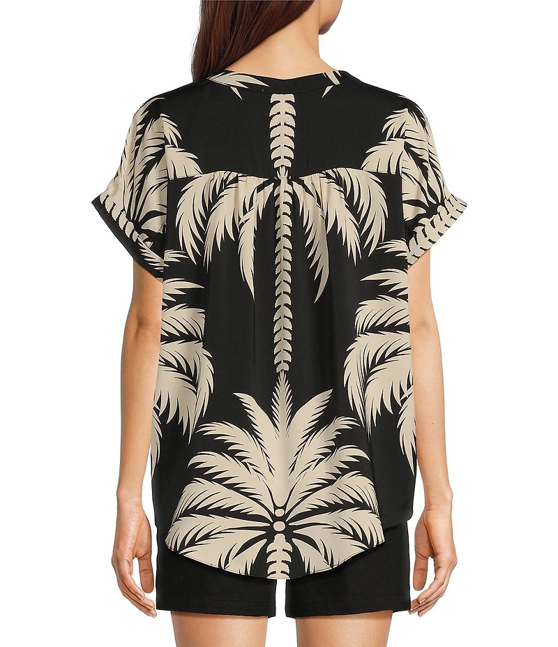 Gibson & Latimer Palm Floral Print Moonshadow Satin Split V-Neck Dropped Short Roll Tab Sleeve Hi-Low Shirttail Blouse
