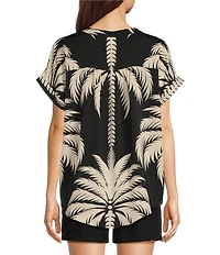 Gibson & Latimer Palm Floral Print Moonshadow Satin Split V-Neck Dropped Short Roll Tab Sleeve Hi-Low Shirttail Blouse
