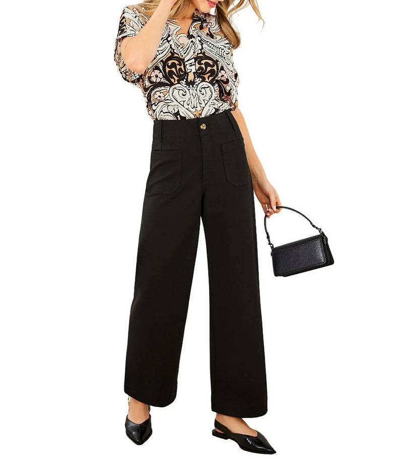 Gibson & Latimer Palm Floral Print Moonshadow Satin Split Round Neck Dropped Short Roll Tab Sleeve Hi-Low Shirttail Blouse