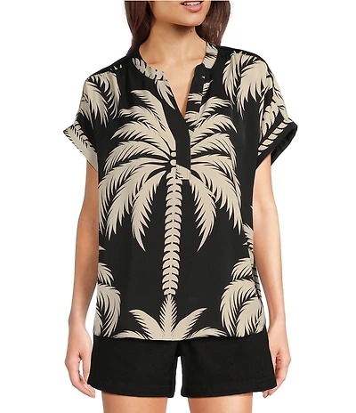 Gibson & Latimer Palm Floral Print Moonshadow Satin Split V-Neck Dropped Short Roll Tab Sleeve Hi-Low Shirttail Blouse
