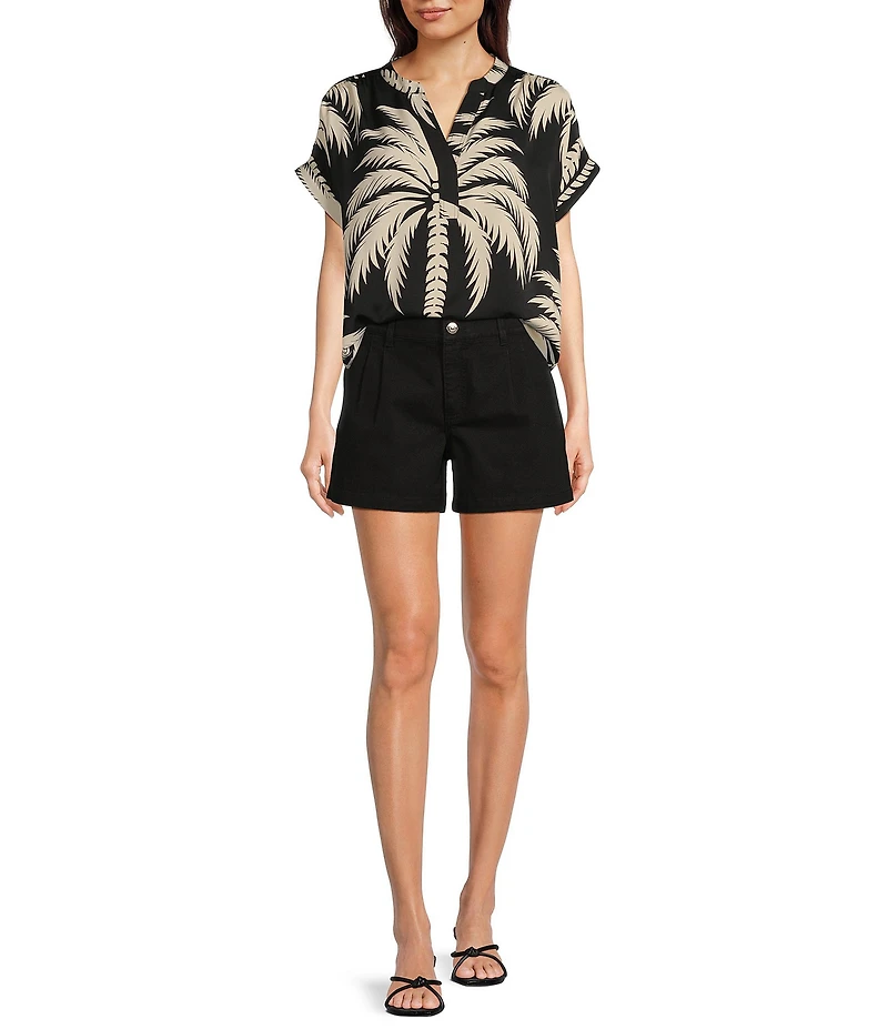 Gibson & Latimer Palm Floral Print Moonshadow Satin Split V-Neck Dropped Short Roll Tab Sleeve Hi-Low Shirttail Blouse