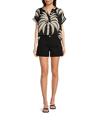 Gibson & Latimer Palm Floral Print Moonshadow Satin Split V-Neck Dropped Short Roll Tab Sleeve Hi-Low Shirttail Blouse