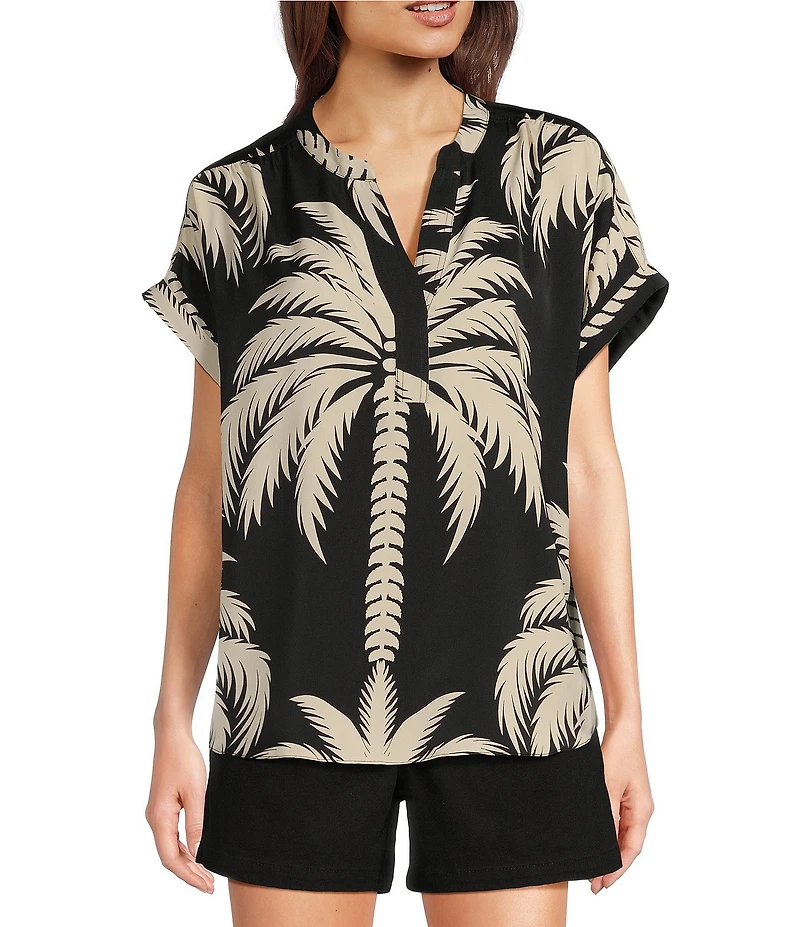 Gibson & Latimer Palm Tropical Print Moonshadow Satin Split Round Neck Dropped Short Roll Tab Sleeve Hi-Low Shirttail Blouse