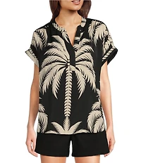 Gibson & Latimer Palm Tropical Print Moonshadow Satin Split Round Neck Dropped Short Roll Tab Sleeve Hi-Low Shirttail Blouse