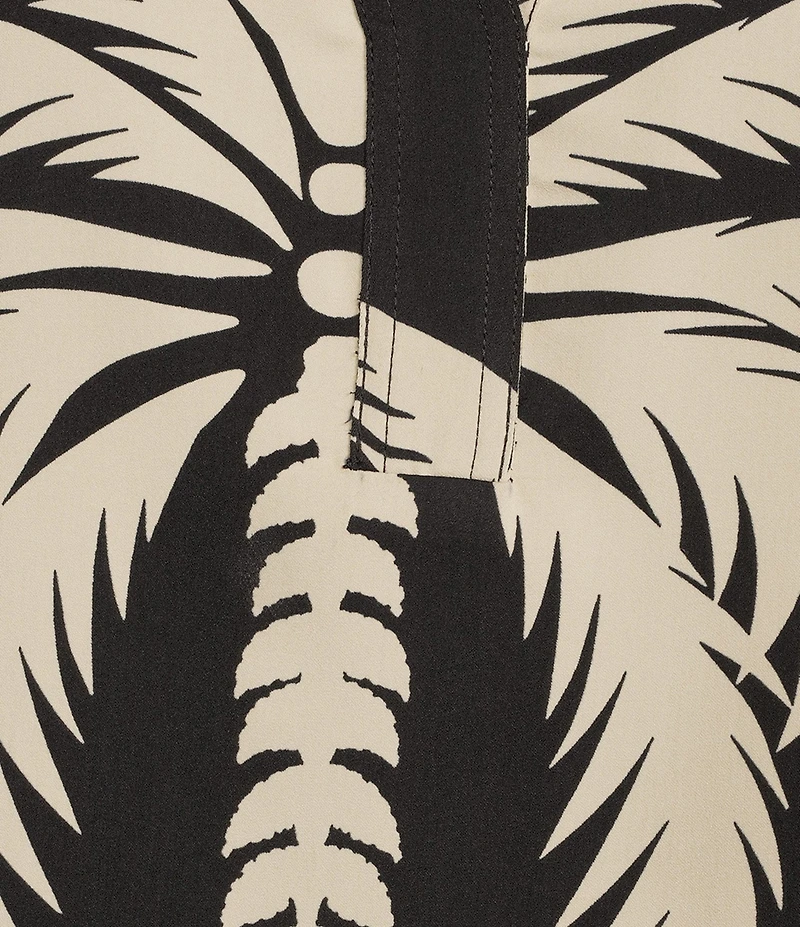 Gibson & Latimer Palm Tropical Print Moonshadow Satin Split Round Neck Dropped Short Roll Tab Sleeve Hi-Low Shirttail Blouse