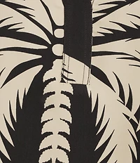 Gibson & Latimer Palm Tropical Print Moonshadow Satin Split Round Neck Dropped Short Roll Tab Sleeve Hi-Low Shirttail Blouse