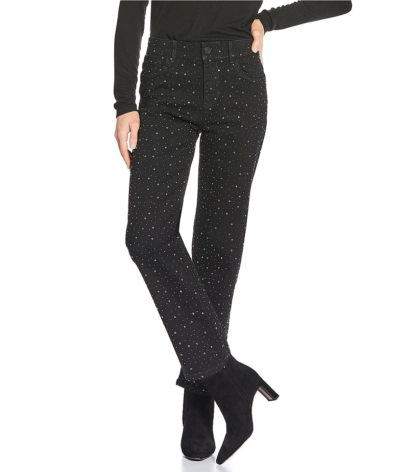 Gibson & Latimer Perfect Fit Denim Mid Rise Rhinestone Straight Leg Full Length Jeans