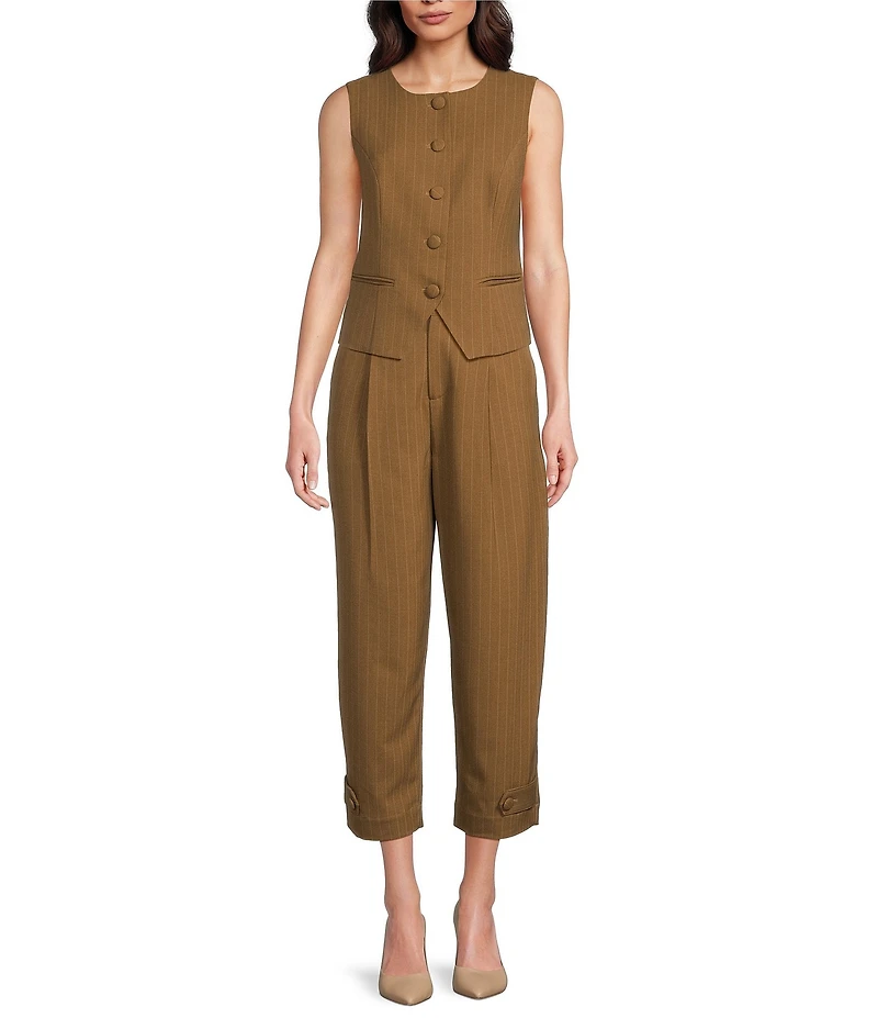Gibson & Latimer Pinstripe Woven High Rise Pleated Tapered Straight Cuffed Coordinating Trousers
