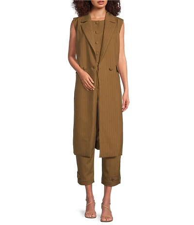 Gibson & Latimer Pinstripe Woven Notch Lapel Sleeveless Double Breasted Longline Duster
