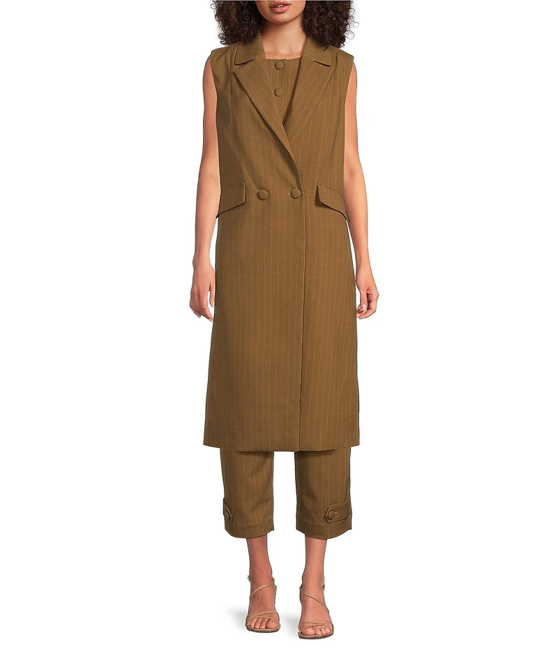 Gibson & Latimer Pinstripe Woven Notch Lapel Sleeveless Double Breasted Longline Duster