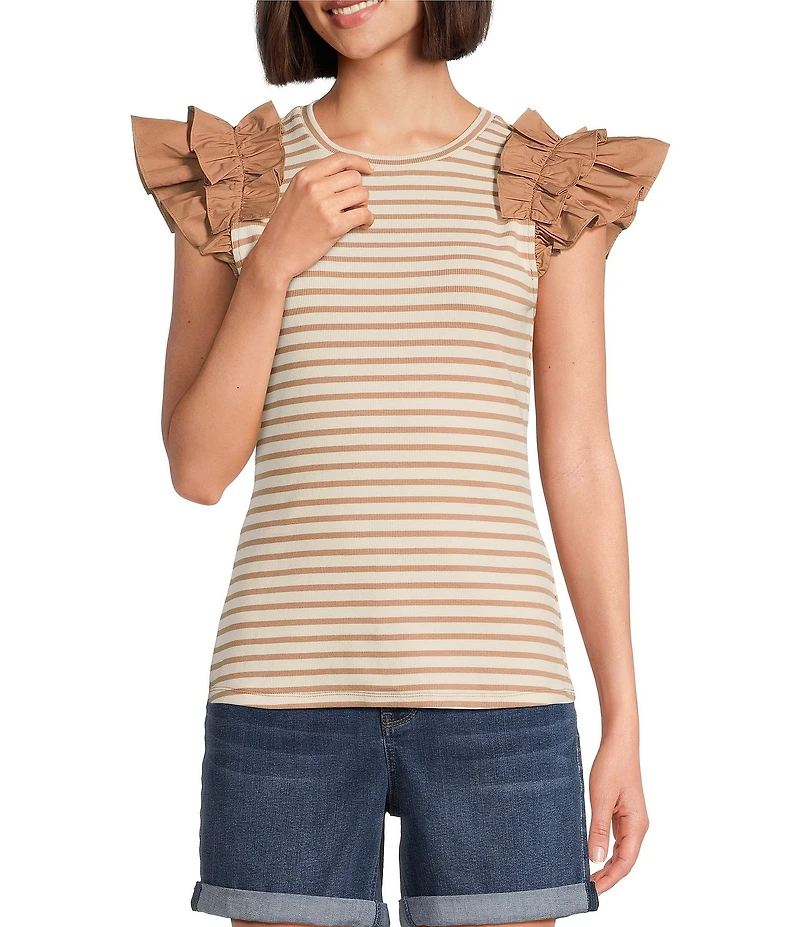 Gibson & Latimer Striped Ribbed Knit Crew Neck Contrasting Poplin Ruffled Short Sleeve Top