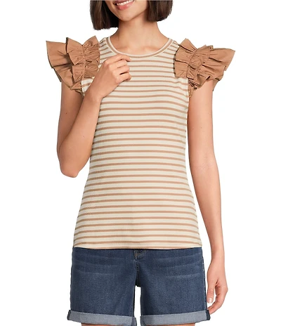 Gibson & Latimer Striped Ribbed Knit Crew Neck Contrasting Poplin Ruffled Short Sleeve Top