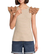 Gibson & Latimer Striped Ribbed Knit Crew Neck Contrasting Poplin Ruffled Short Sleeve Top