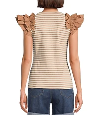 Gibson & Latimer Striped Ribbed Knit Crew Neck Contrasting Poplin Ruffled Short Sleeve Top