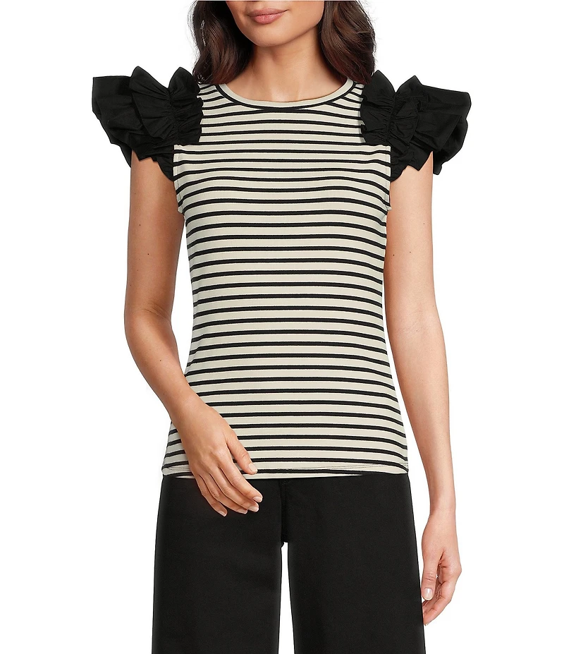 Gibson & Latimer Striped Ribbed Knit Crew Neck Contrasting Poplin Ruffled Short Sleeve Top