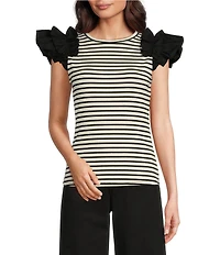 Gibson & Latimer Striped Ribbed Knit Crew Neck Contrasting Poplin Ruffled Short Sleeve Top