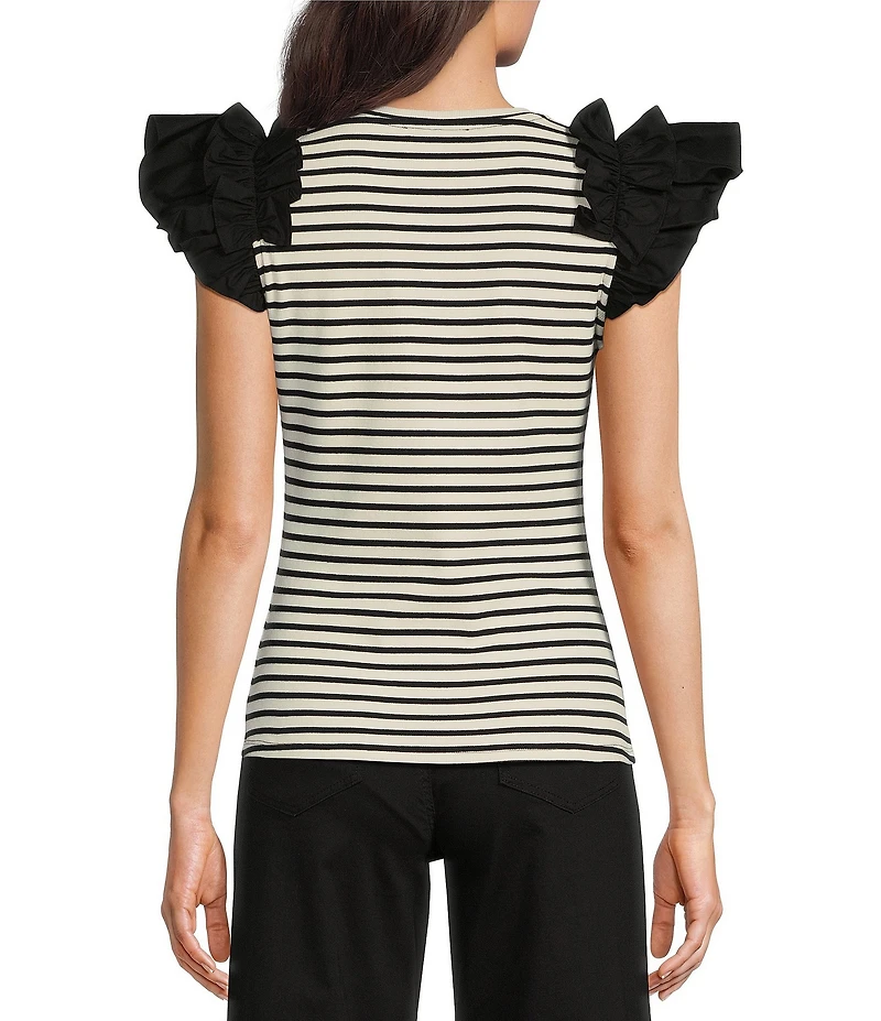 Gibson & Latimer Striped Ribbed Knit Crew Neck Contrasting Poplin Ruffled Short Sleeve Top