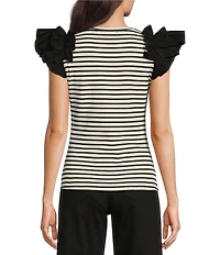 Gibson & Latimer Striped Ribbed Knit Crew Neck Contrasting Poplin Ruffled Short Sleeve Top