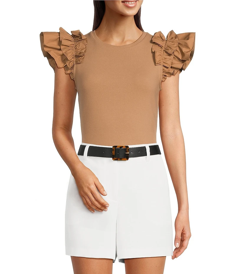 Gibson & Latimer Ribbed Knit Crew Neck Contrasting Poplin Ruffled Short Sleeve Top