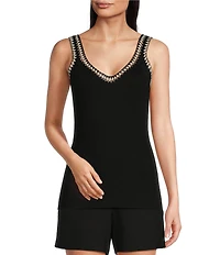 Gibson & Latimer Ribbed Knit Crochet V-Neck Sleeveless Tank Top