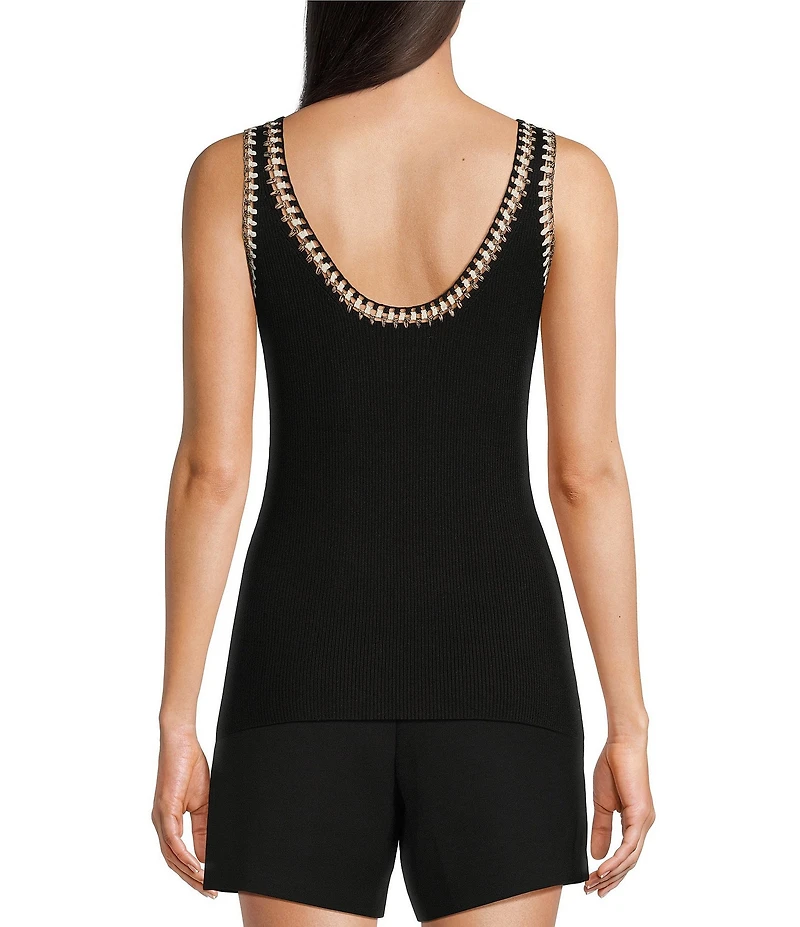 Gibson & Latimer Ribbed Knit Crochet V-Neck Sleeveless Tank Top