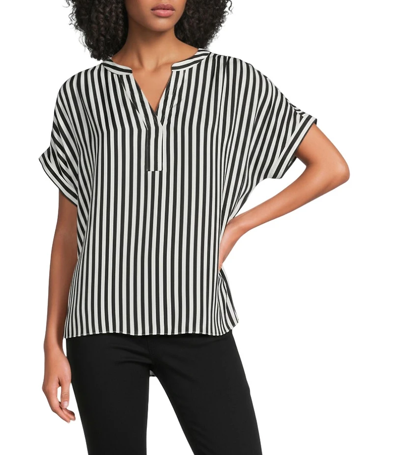 Gibson & Latimer Satin Stripe Moonshadow Split Round Neck Dropped Short Roll Tab Sleeve Hi-Low Shirttail Blouse