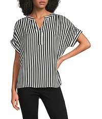 Gibson & Latimer Satin Stripe Moonshadow Split Round Neck Dropped Short Roll Tab Sleeve Hi-Low Shirttail Blouse