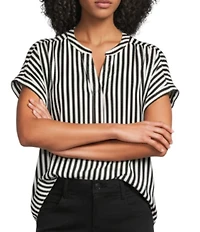 Gibson & Latimer Satin Stripe Moonshadow Split Round Neck Dropped Short Roll Tab Sleeve Hi-Low Shirttail Blouse