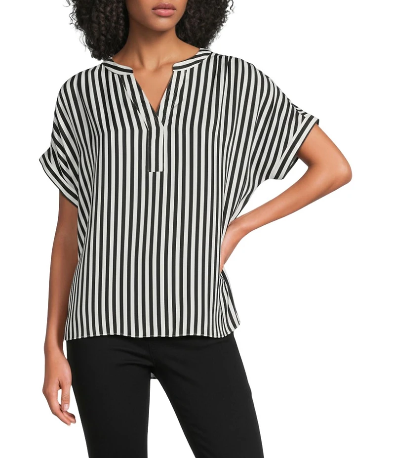 Gibson & Latimer Satin Stripe Moonshadow Split Round Neck Dropped Short Roll Tab Sleeve Hi-Low Shirttail Blouse