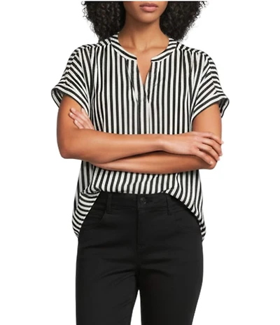 Gibson & Latimer Satin Stripe Moonshadow Split Round Neck Dropped Short Roll Tab Sleeve Hi-Low Shirttail Blouse