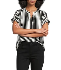 Gibson & Latimer Satin Stripe Moonshadow Split Round Neck Dropped Short Roll Tab Sleeve Hi-Low Shirttail Blouse