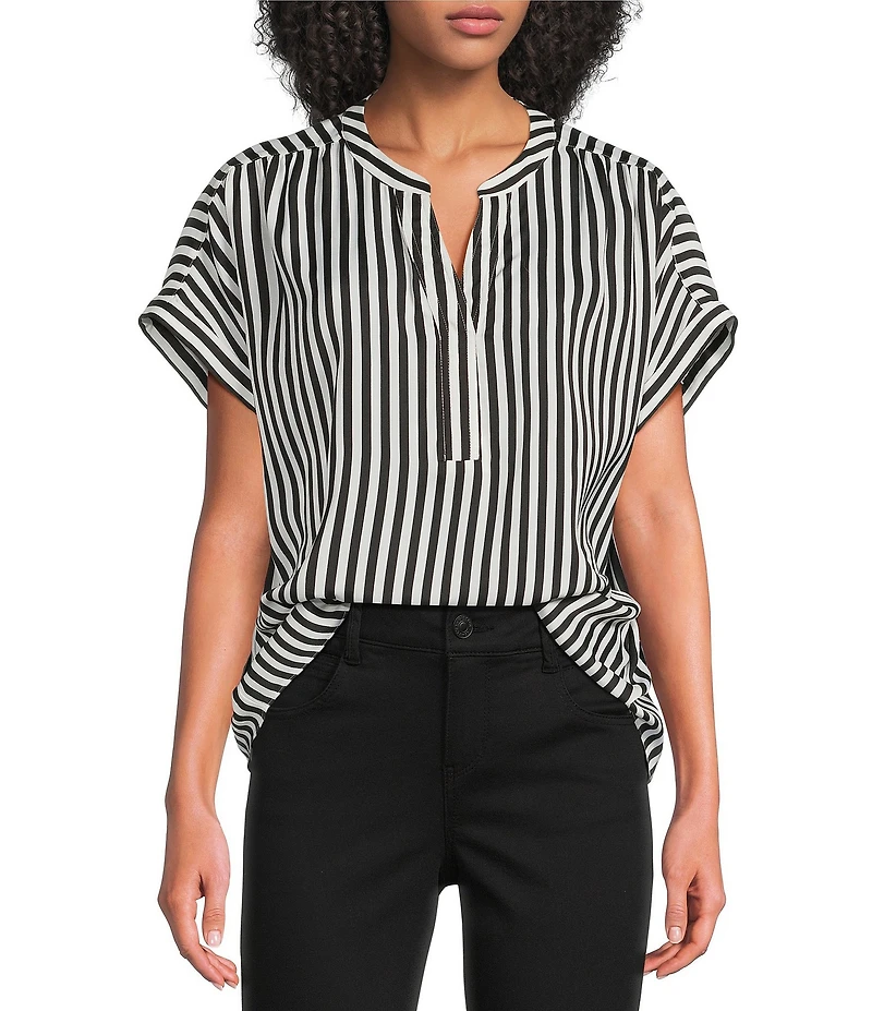 Gibson & Latimer Satin Stripe Moonshadow Split Round Neck Dropped Short Roll Tab Sleeve Hi-Low Shirttail Blouse