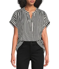 Gibson & Latimer Satin Stripe Moonshadow Split Round Neck Dropped Short Roll Tab Sleeve Hi-Low Shirttail Blouse