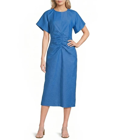 Gibson & Latimer Scoop Neck Bubble Puff Sleeve Ruched Tie Back Midi Dress