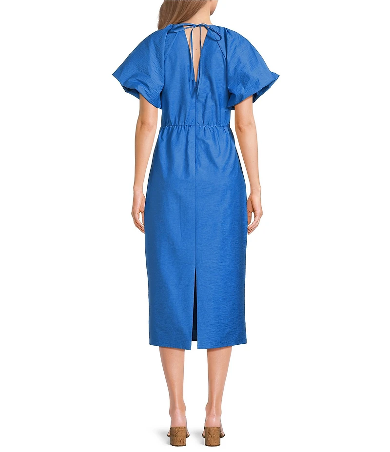 Gibson & Latimer Scoop Neck Bubble Puff Sleeve Ruched Tie Back Midi Dress