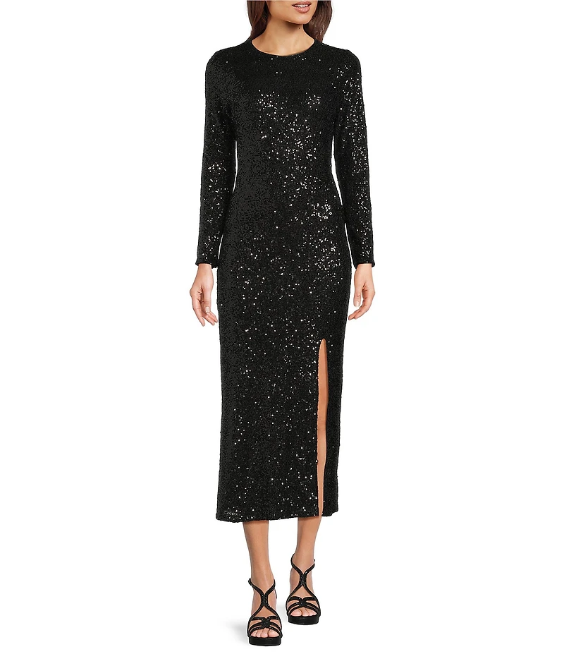 Gibson & Latimer Sequin Round Neck Long Sleeve Split Front Flounce Bodycon Maxi Dress