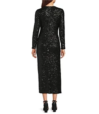 Gibson & Latimer Sequin Round Neck Long Sleeve Split Front Flounce Bodycon Maxi Dress